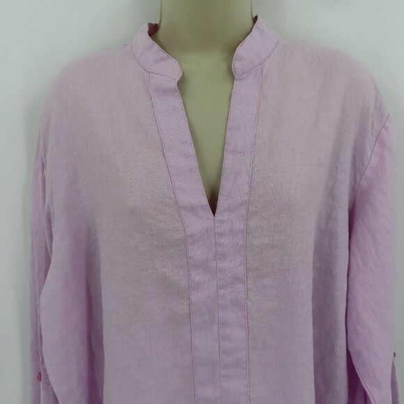 Island Importer Womens Large Purple Long Roll Tab Sleeves Linen Tunic Shirt Top - Picture 2 of 12